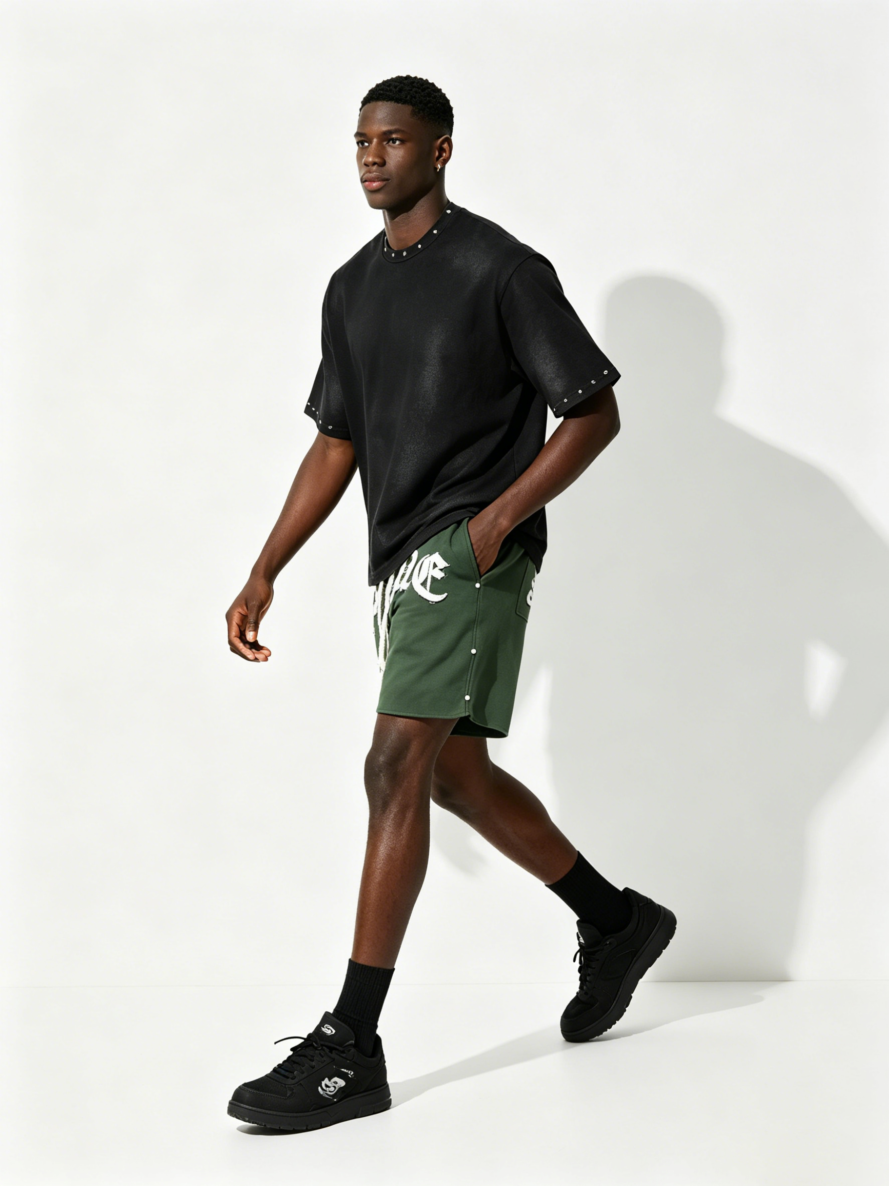 Custom Vintage Black "SHINE" Graphic Studded T-Shirt & Green Shorts Set - LW&SUNKUN Men's Streetwear OEM/ODM Wholesale