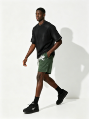 Custom Vintage Black "SHINE" Graphic Studded T-Shirt & Green Shorts Set - LW&SUNKUN Men's Streetwear OEM/ODM Wholesale