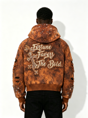 Custom Brown Acid Wash "Fortune Favors The Bold" Rhinestone Hoodie - LW&SUNKUN Men's Distressed Cross Streetwear OEM/ODM Wholesale