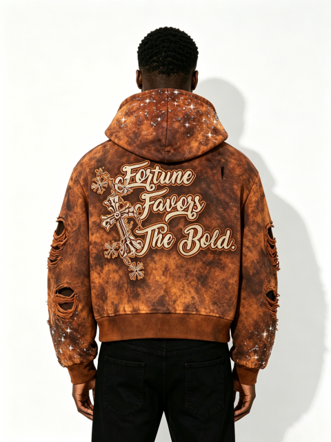 Custom Brown Acid Wash "Fortune Favors The Bold" Rhinestone Hoodie - LW&SUNKUN Men's Distressed Cross Streetwear OEM/ODM Wholesale
