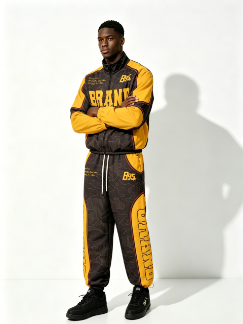 Custom Black & Yellow "BRAND" B95 Racing Tracksuit Set - LW&SUNKUN Men's Retro Streetwear Jacket & Joggers OEM/ODM Wholesale