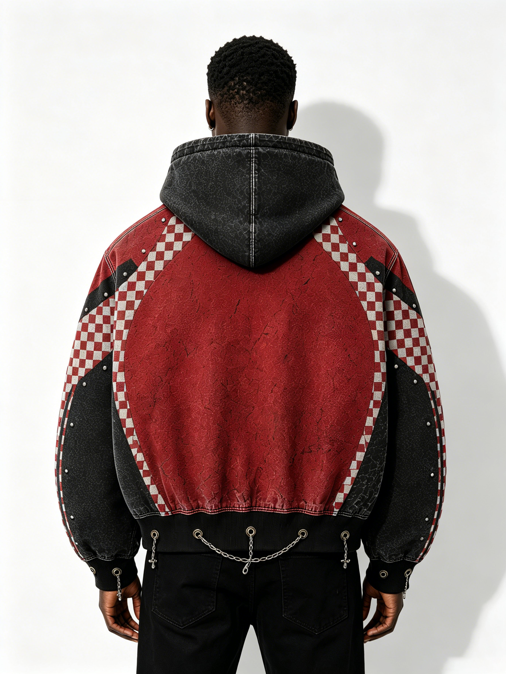 Custom Red & Black Checkerboard Leopard Print Zip-Up Hoodie - LW&SUNKUN Men's Punk Streetwear Jacket with Chains OEM/ODM Wholesale