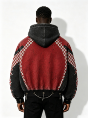 Custom Red & Black Checkerboard Leopard Print Zip-Up Hoodie - LW&SUNKUN Men's Punk Streetwear Jacket with Chains OEM/ODM Wholesale