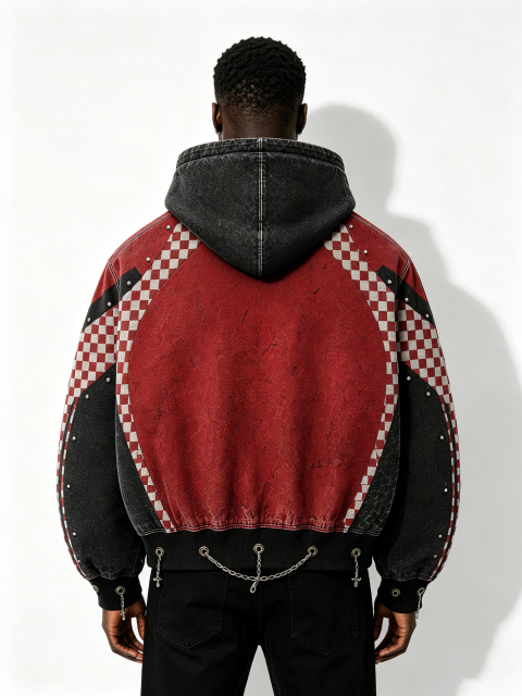 Custom Red & Black Checkerboard Leopard Print Zip-Up Hoodie - LW&SUNKUN Men's Punk Streetwear Jacket with Chains OEM/ODM Wholesale