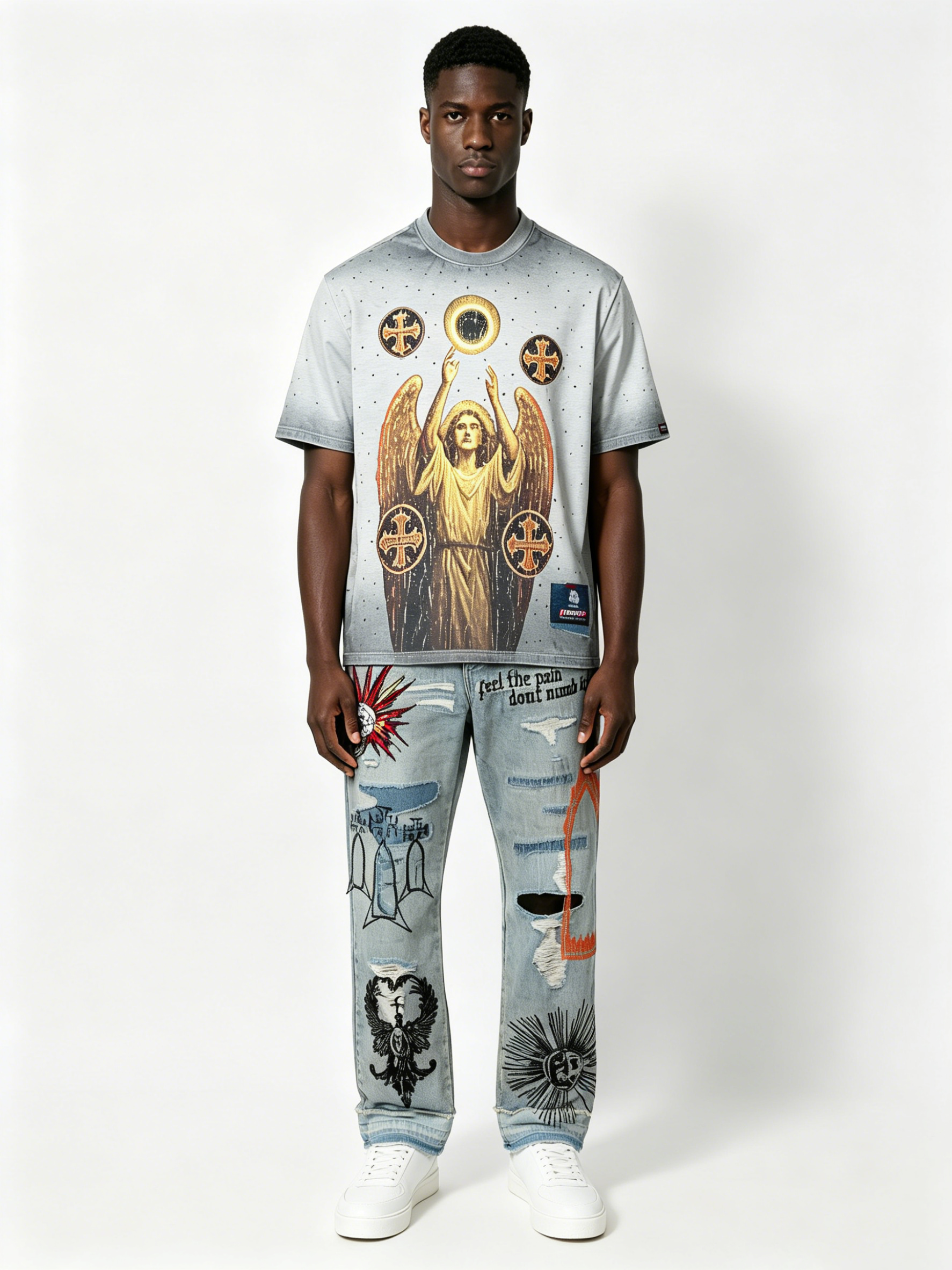 Custom Light Blue Heavy Embroidered Distressed Jeans - LW&SUNKUN Men's Gothic Streetwear Denim OEM/ODM Wholesale