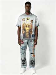 Custom Light Blue Heavy Embroidered Distressed Jeans - LW&SUNKUN Men's Gothic Streetwear Denim OEM/ODM Wholesale