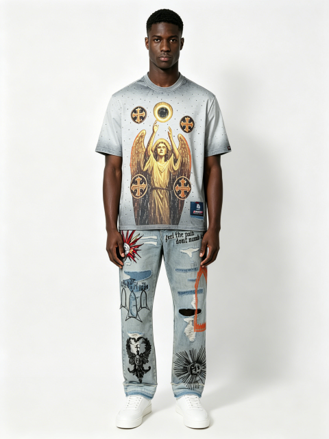 Custom Light Blue Heavy Embroidered Distressed Jeans - LW&SUNKUN Men's Gothic Streetwear Denim OEM/ODM Wholesale