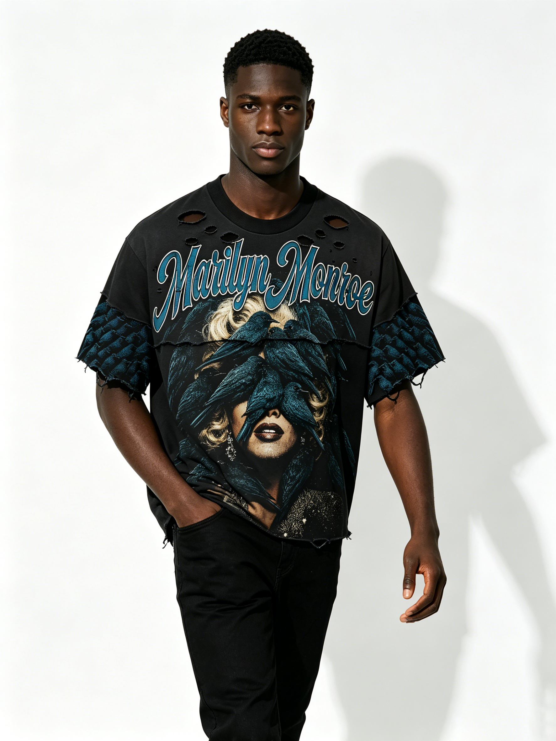 Custom Marilyn Monroe Bird Print Distressed Layered T-Shirt - LW&SUNKUN Men's Gothic Streetwear OEM/ODM Wholesale