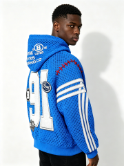 Custom Blue Mesh "Brand 91" Baseball-Inspired Hoodie - LW&SUNKUN Men's Streetwear OEM/ODM Wholesale
