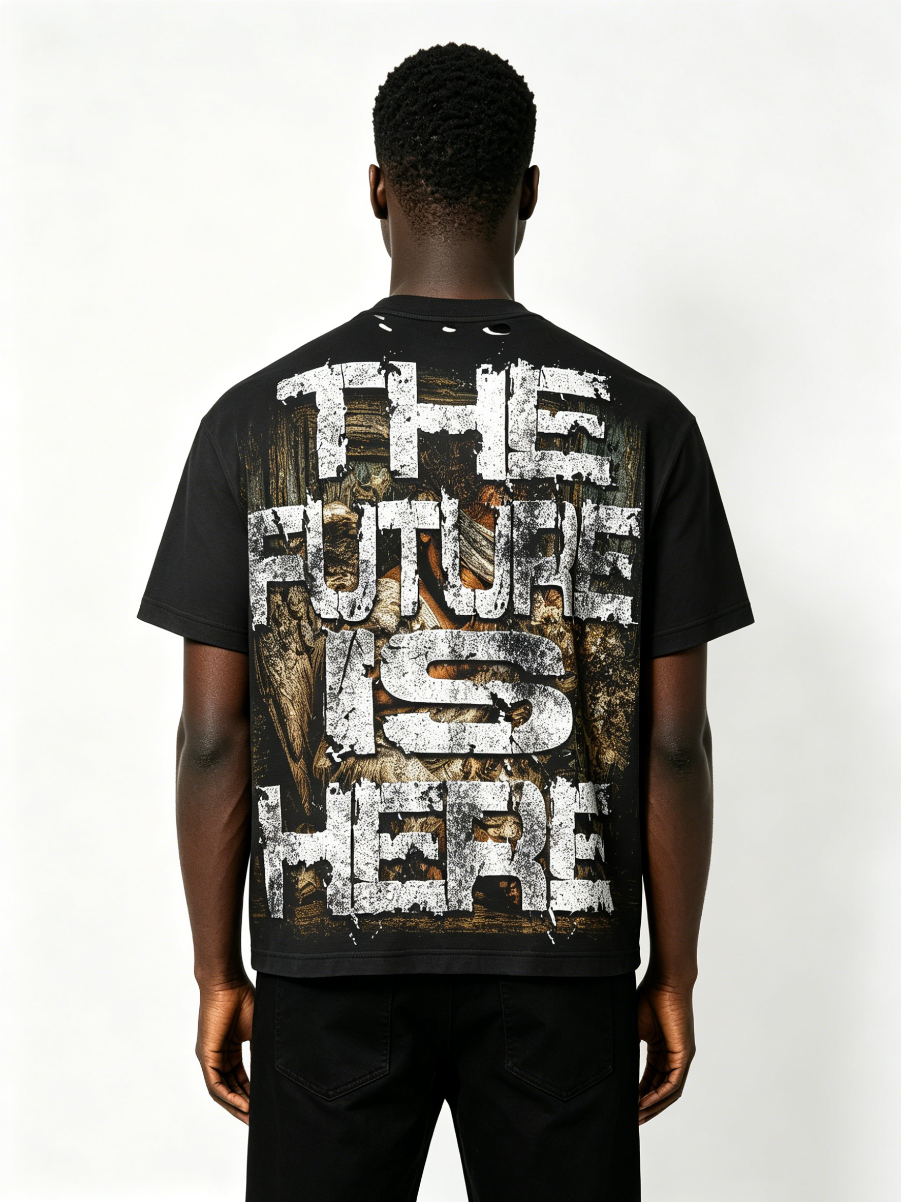 Custom Black "The Future Is Here" Graphic T-Shirt - LW&SUNKUN Men's Vintage Streetwear OEM/ODM Wholesale