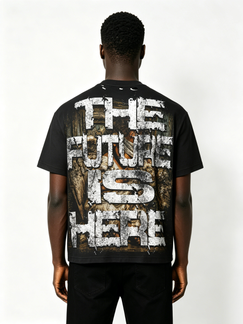 Custom Black "The Future Is Here" Graphic T-Shirt - LW&SUNKUN Men's Vintage Streetwear OEM/ODM Wholesale