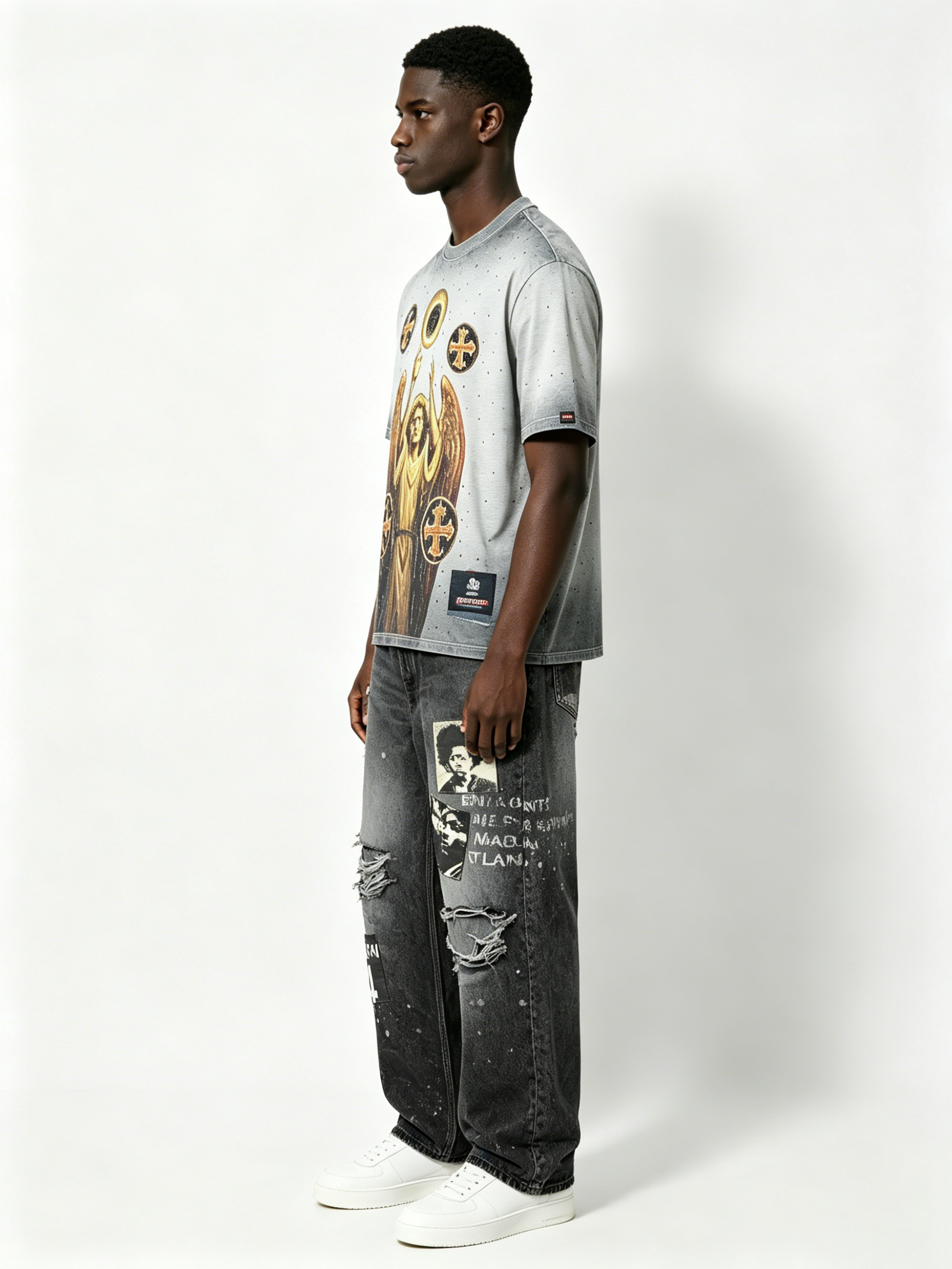 Custom Black Washed Patchwork Distressed Wide-Leg Jeans - LW&SUNKUN Men's Streetwear Denim OEM/ODM Wholesale