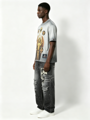 Custom Black Washed Patchwork Distressed Wide-Leg Jeans - LW&SUNKUN Men's Streetwear Denim OEM/ODM Wholesale