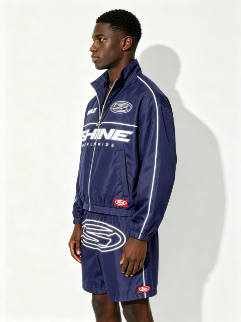 Custom Navy "SHINE WORLDWIDE" Windbreaker Tracksuit Set - LW&SUNKUN Men's Y2K Streetwear Jacket & Shorts OEM/ODM Wholesale