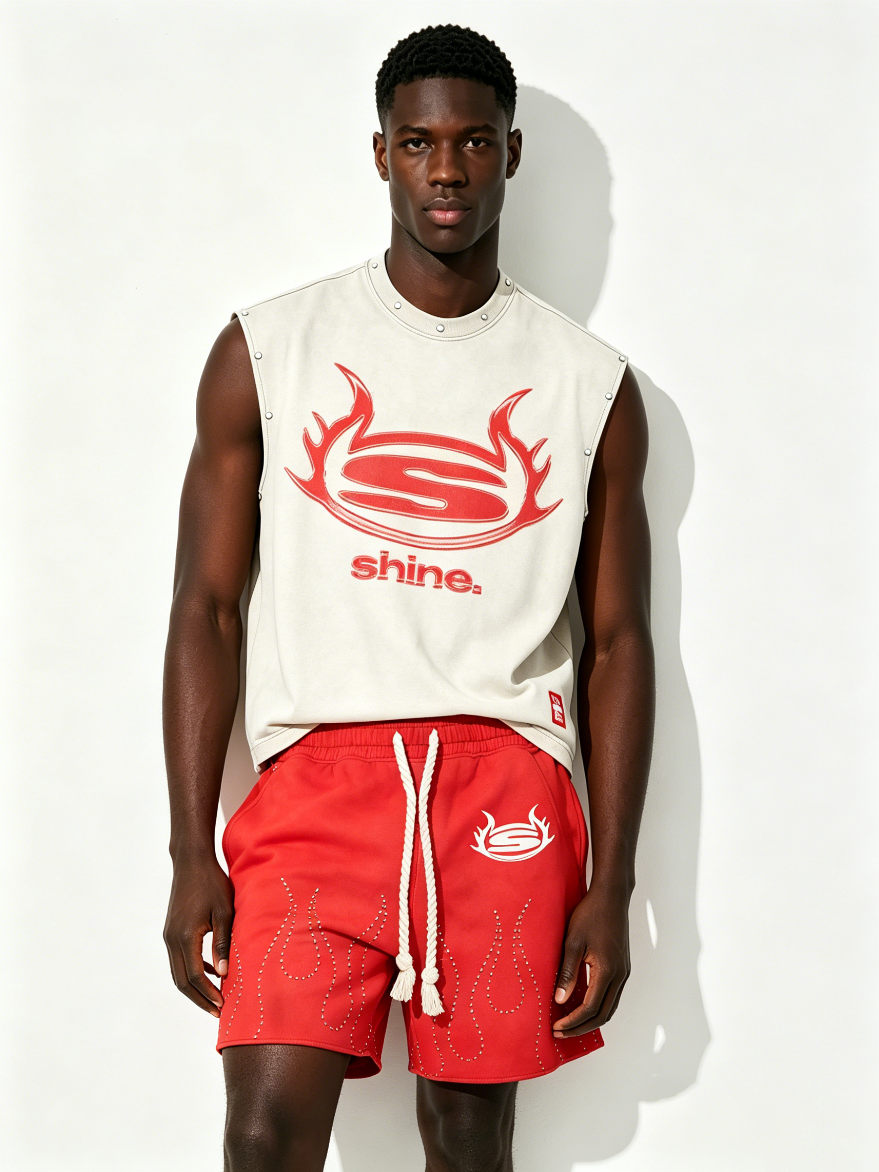 Custom "SHINE WORLDWIDE" Studded Sleeveless Tank & Rhinestone Shorts Set - LW&SUNKUN Men's Streetwear OEM/ODM Wholesale