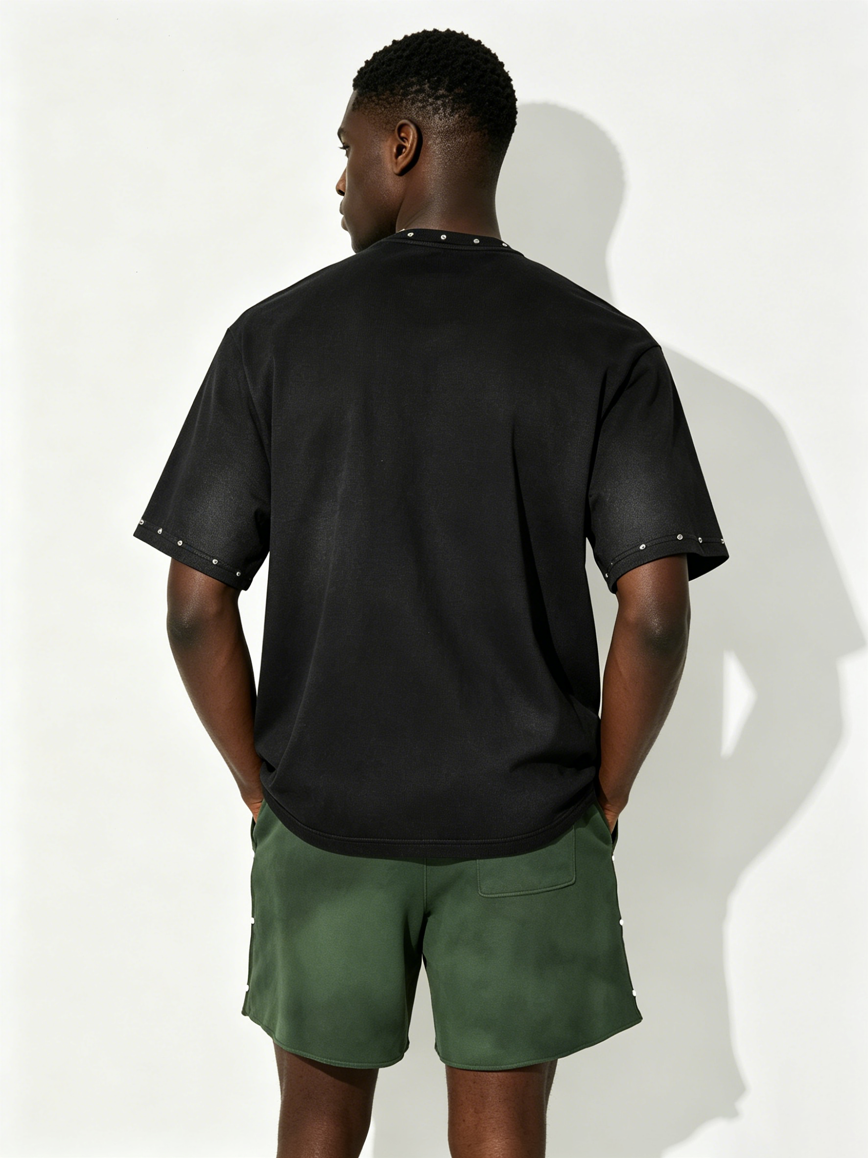 Custom Vintage Black "SHINE" Graphic Studded T-Shirt & Green Shorts Set - LW&SUNKUN Men's Streetwear OEM/ODM Wholesale