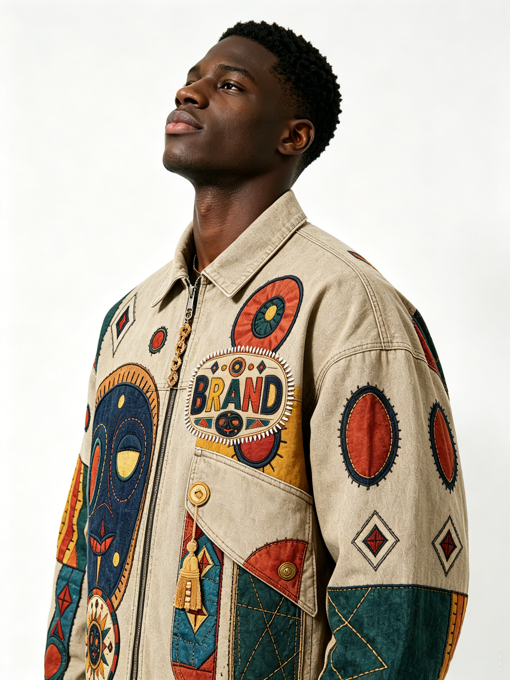 Custom Tribal Patchwork Embroidered Denim Jacket - LW&SUNKUN Men's Ethnic Art Streetwear Trucker Jacket OEM/ODM Wholesale