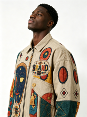 Custom Tribal Patchwork Embroidered Denim Jacket - LW&SUNKUN Men's Ethnic Art Streetwear Trucker Jacket OEM/ODM Wholesale