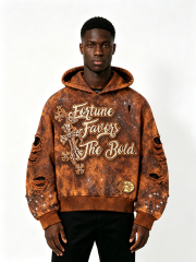 Custom Brown Acid Wash "Fortune Favors The Bold" Rhinestone Hoodie - LW&SUNKUN Men's Distressed Cross Streetwear OEM/ODM Wholesale