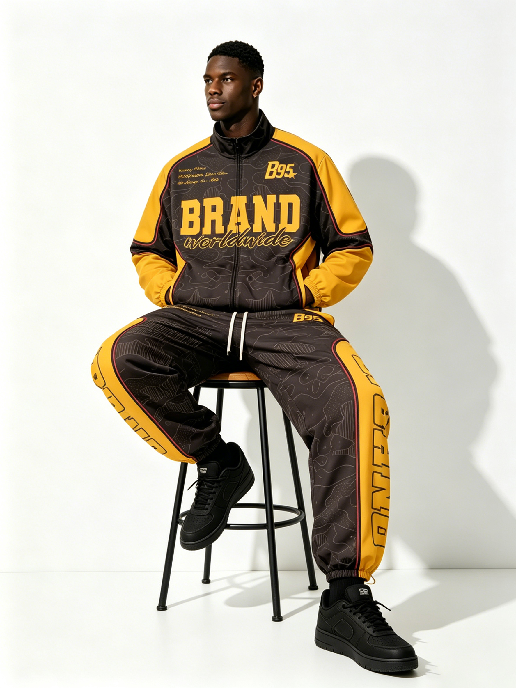 Custom Black & Yellow "BRAND" B95 Racing Tracksuit Set - LW&SUNKUN Men's Retro Streetwear Jacket & Joggers OEM/ODM Wholesale
