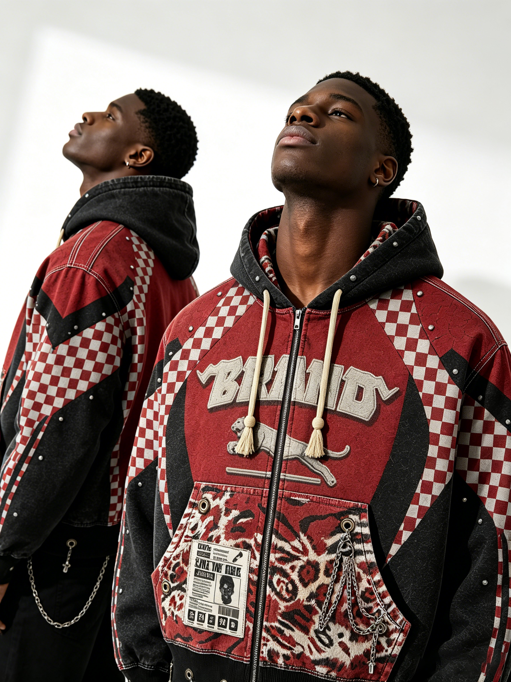 Custom Red & Black Checkerboard Leopard Print Zip-Up Hoodie - LW&SUNKUN Men's Punk Streetwear Jacket with Chains OEM/ODM Wholesale