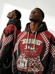Custom Red & Black Checkerboard Leopard Print Zip-Up Hoodie - LW&SUNKUN Men's Punk Streetwear Jacket with Chains OEM/ODM Wholesale