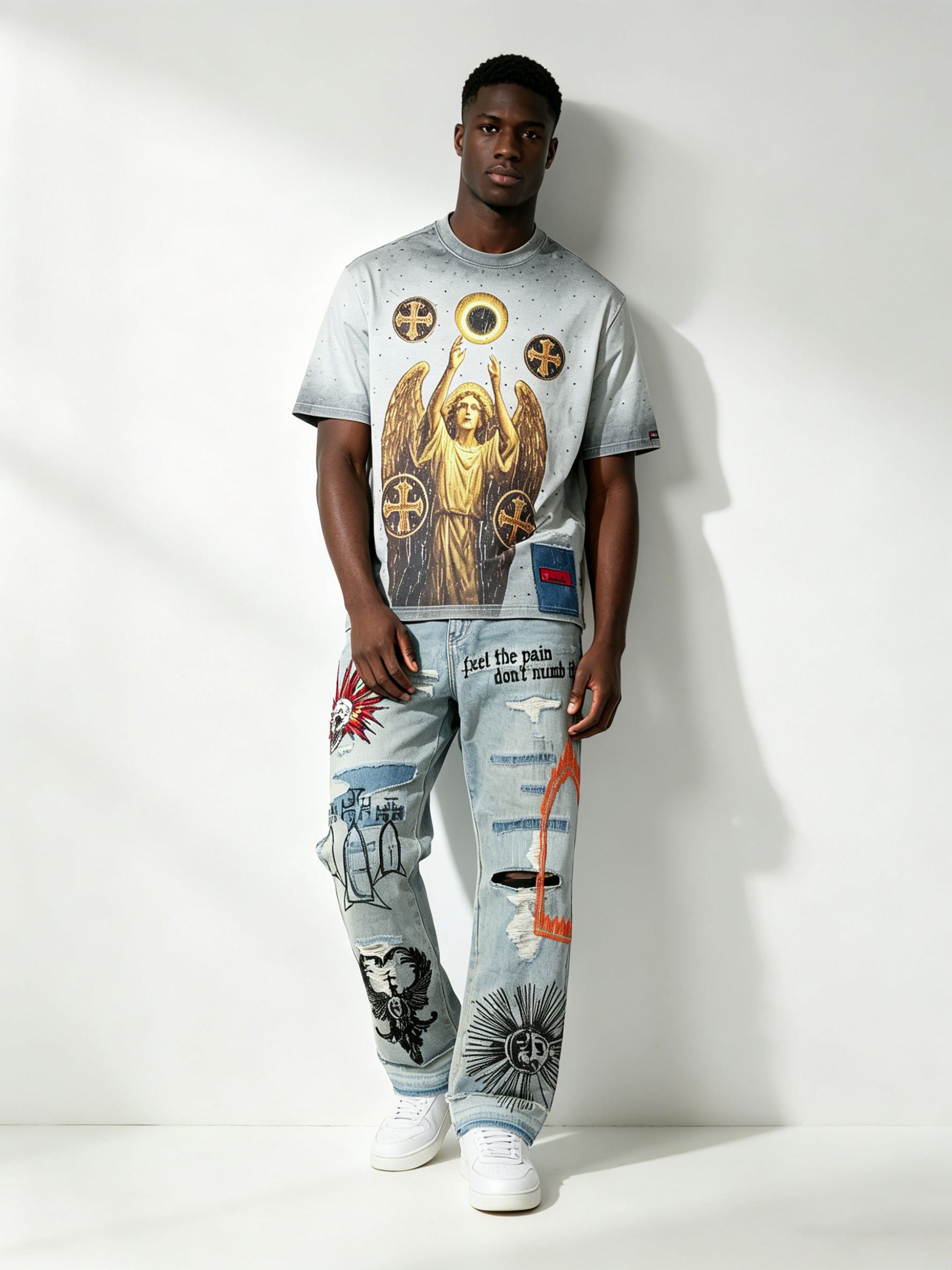Custom Light Blue Heavy Embroidered Distressed Jeans - LW&SUNKUN Men's Gothic Streetwear Denim OEM/ODM Wholesale