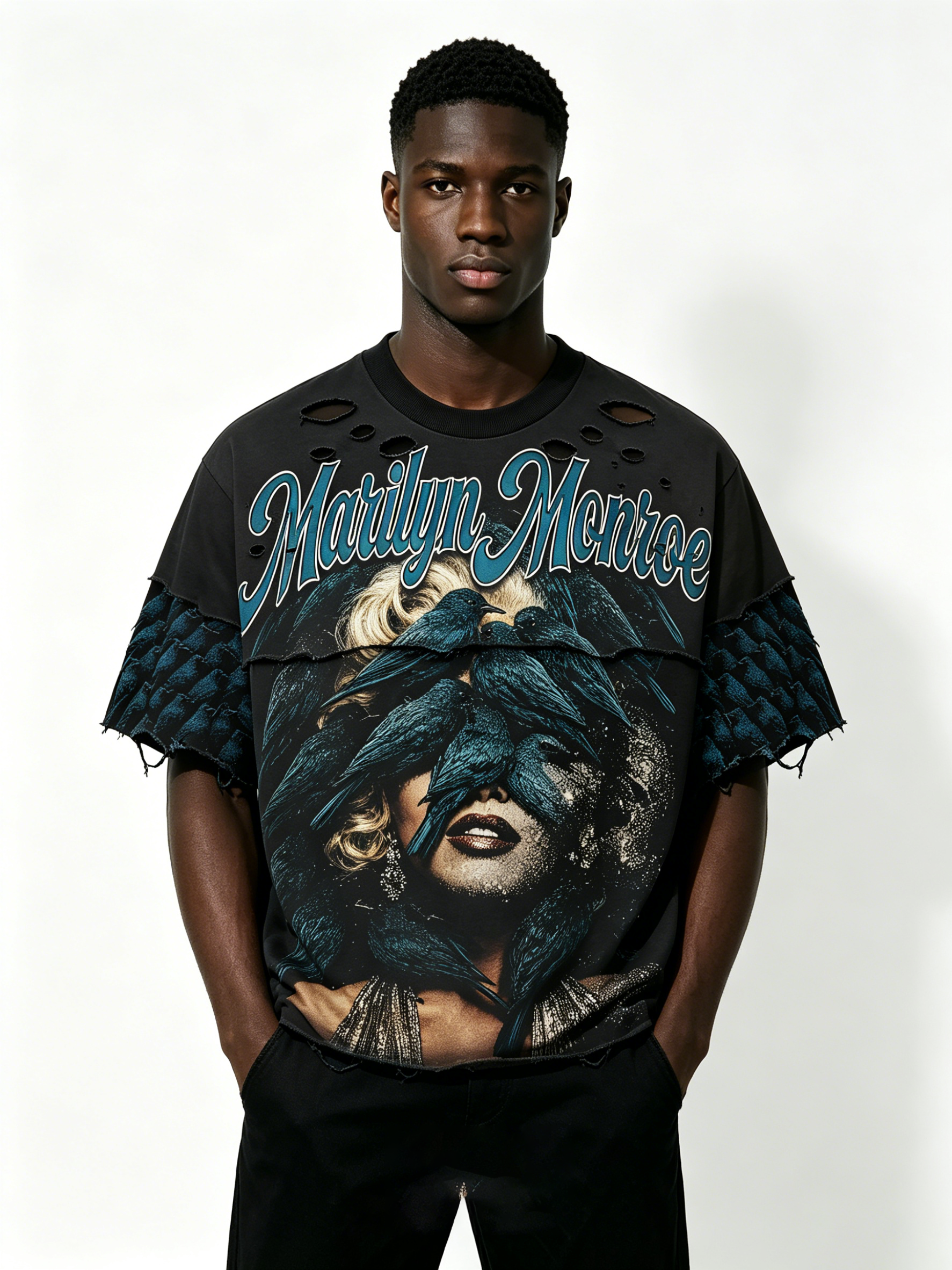 Custom Marilyn Monroe Bird Print Distressed Layered T-Shirt - LW&SUNKUN Men's Gothic Streetwear OEM/ODM Wholesale