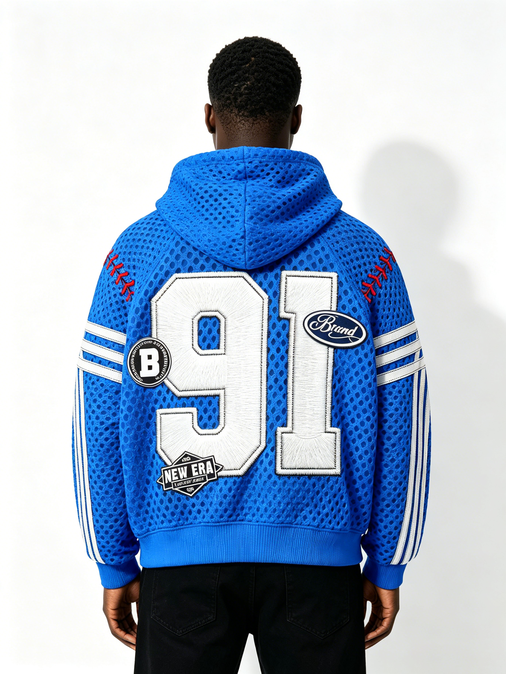 Custom Blue Mesh "Brand 91" Baseball-Inspired Hoodie - LW&SUNKUN Men's Streetwear OEM/ODM Wholesale