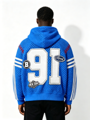 Custom Blue Mesh "Brand 91" Baseball-Inspired Hoodie - LW&SUNKUN Men's Streetwear OEM/ODM Wholesale