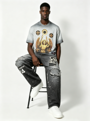 Custom Black Washed Patchwork Distressed Wide-Leg Jeans - LW&SUNKUN Men's Streetwear Denim OEM/ODM Wholesale