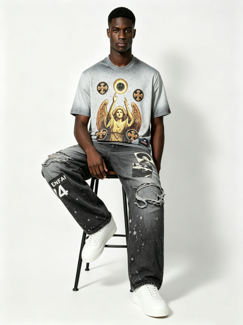Custom Black Washed Patchwork Distressed Wide-Leg Jeans - LW&SUNKUN Men's Streetwear Denim OEM/ODM Wholesale
