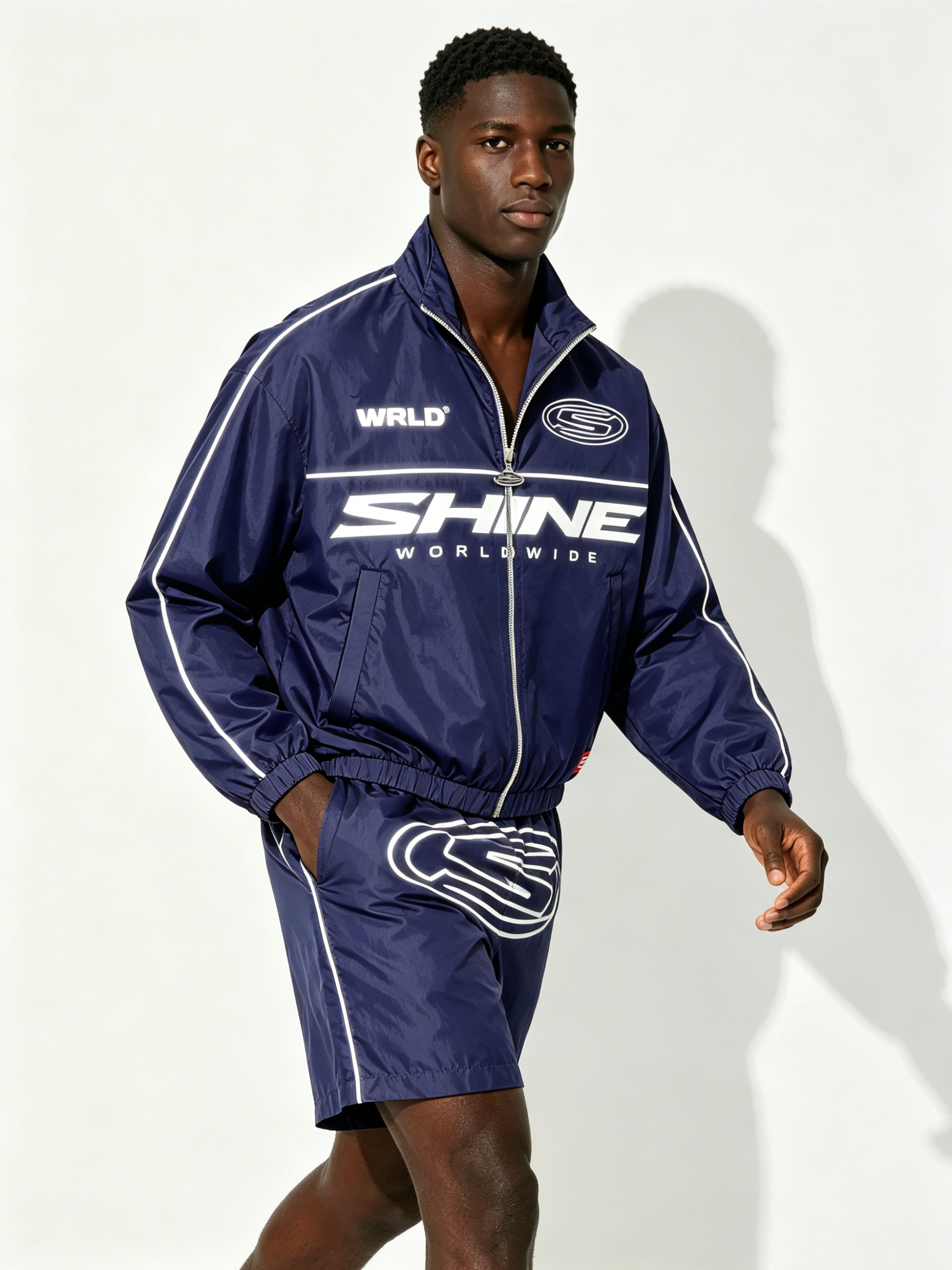 Custom Navy "SHINE WORLDWIDE" Windbreaker Tracksuit Set - LW&SUNKUN Men's Y2K Streetwear Jacket & Shorts OEM/ODM Wholesale