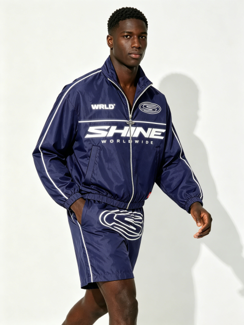Custom Navy "SHINE WORLDWIDE" Windbreaker Tracksuit Set - LW&SUNKUN Men's Y2K Streetwear Jacket & Shorts OEM/ODM Wholesale