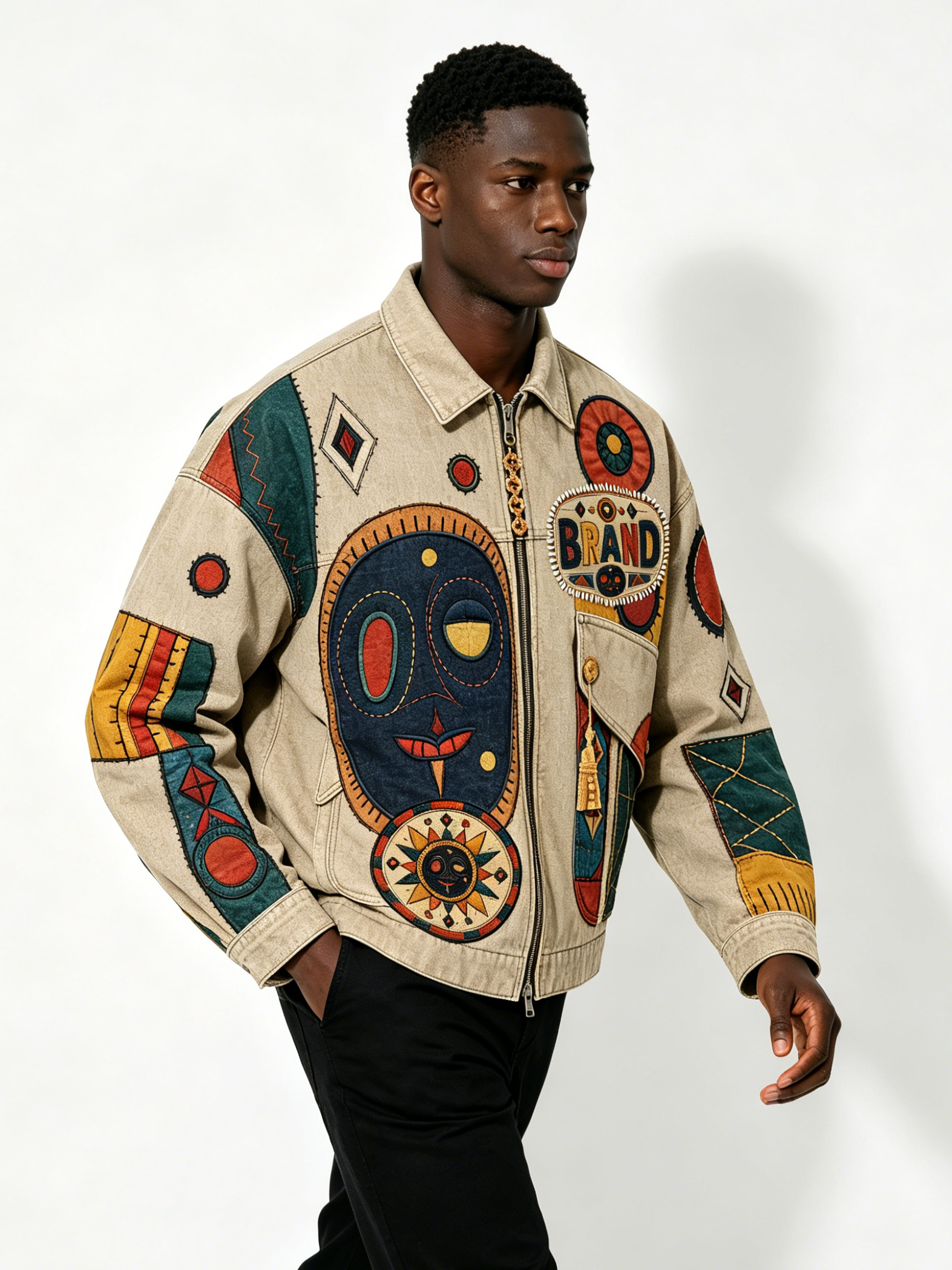 Custom Tribal Patchwork Embroidered Denim Jacket - LW&SUNKUN Men's Ethnic Art Streetwear Trucker Jacket OEM/ODM Wholesale