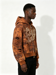 Custom Brown Acid Wash "Fortune Favors The Bold" Rhinestone Hoodie - LW&SUNKUN Men's Distressed Cross Streetwear OEM/ODM Wholesale