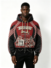 Custom Red & Black Checkerboard Leopard Print Zip-Up Hoodie - LW&SUNKUN Men's Punk Streetwear Jacket with Chains OEM/ODM Wholesale