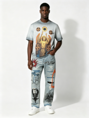 Custom Light Blue Heavy Embroidered Distressed Jeans - LW&SUNKUN Men's Gothic Streetwear Denim OEM/ODM Wholesale