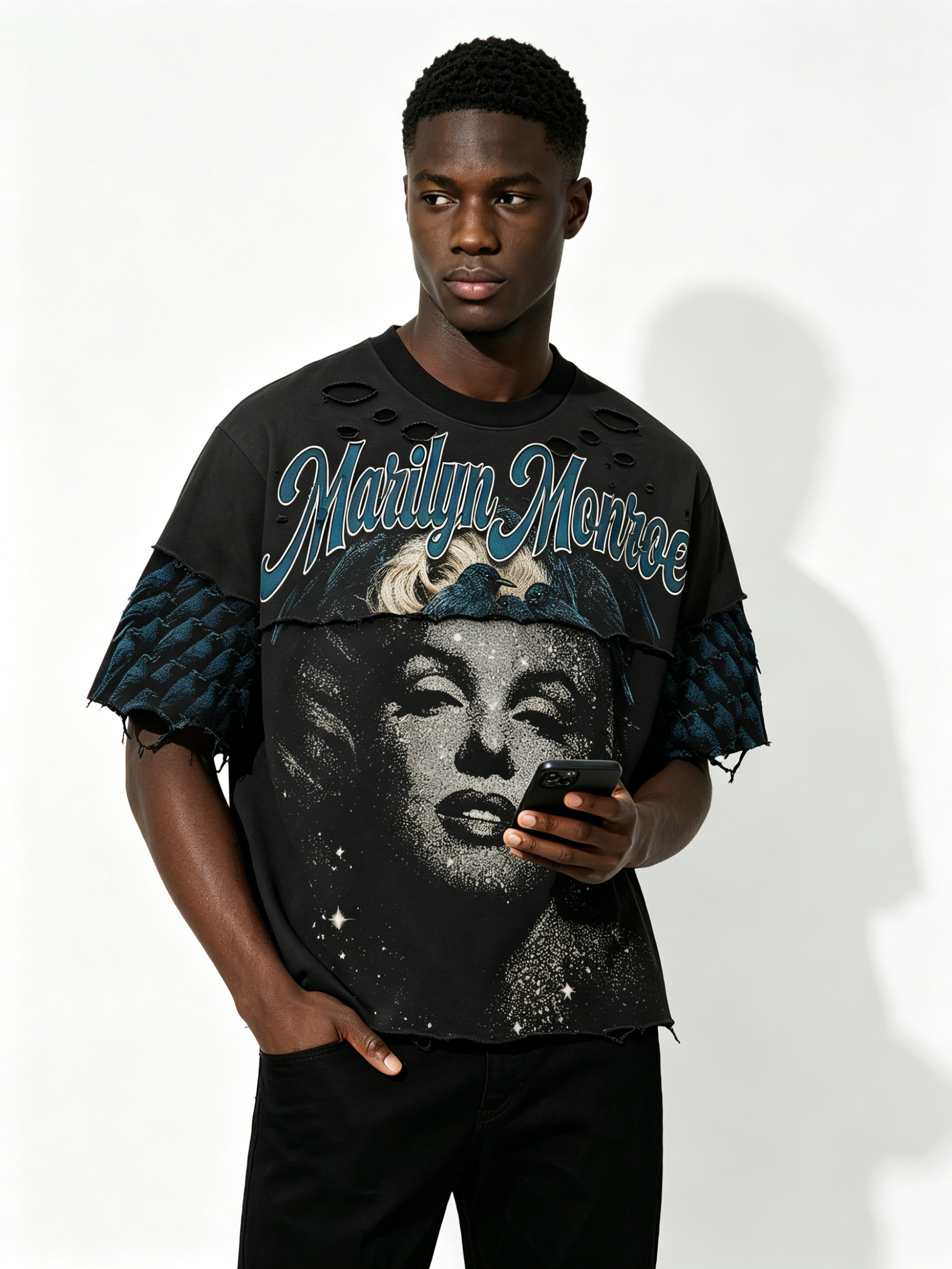 Custom Marilyn Monroe Bird Print Distressed Layered T-Shirt - LW&SUNKUN Men's Gothic Streetwear OEM/ODM Wholesale