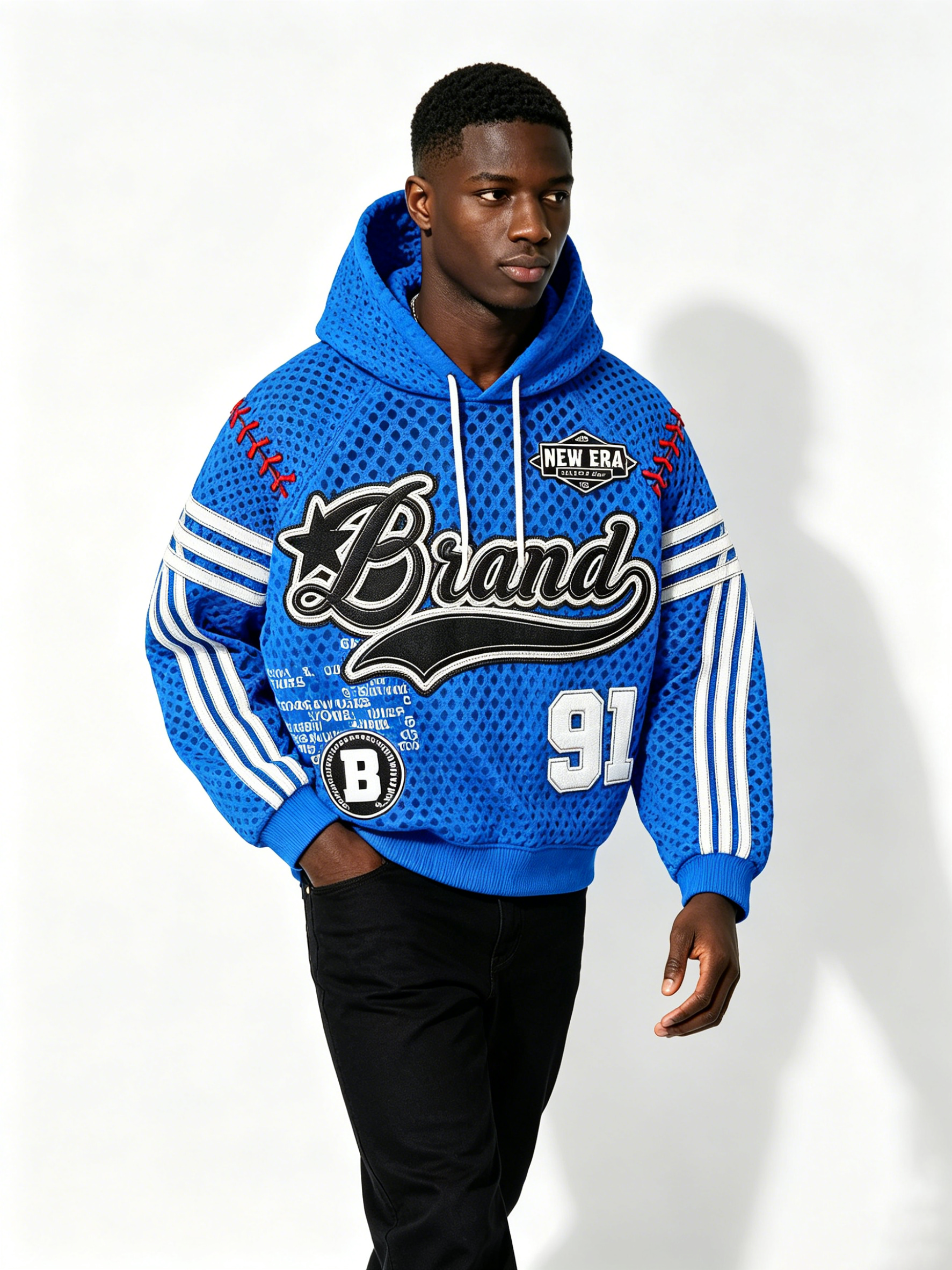 Custom Blue Mesh "Brand 91" Baseball-Inspired Hoodie - LW&SUNKUN Men's Streetwear OEM/ODM Wholesale