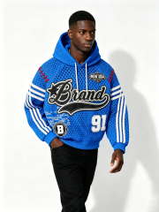 Custom Blue Mesh "Brand 91" Baseball-Inspired Hoodie - LW&SUNKUN Men's Streetwear OEM/ODM Wholesale