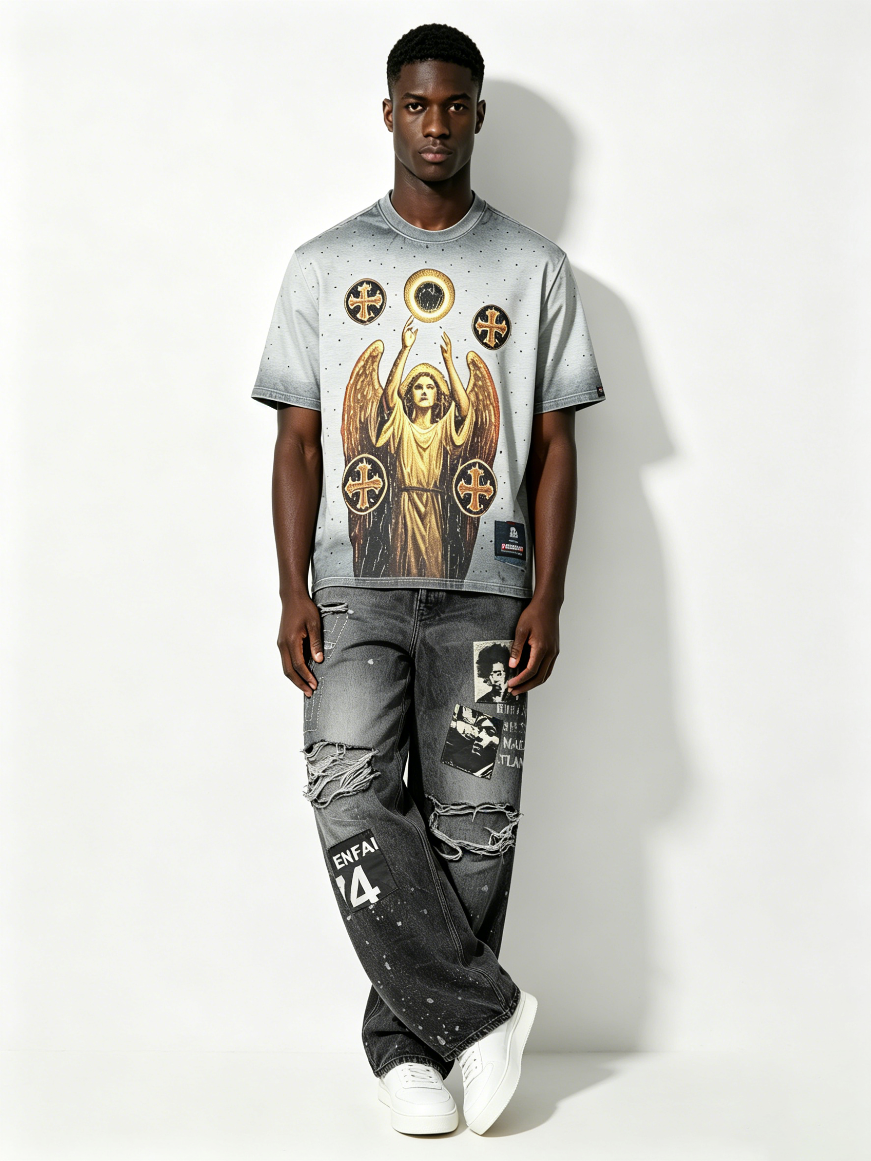 Custom Black Washed Patchwork Distressed Wide-Leg Jeans - LW&SUNKUN Men's Streetwear Denim OEM/ODM Wholesale