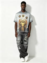 Custom Black Washed Patchwork Distressed Wide-Leg Jeans - LW&SUNKUN Men's Streetwear Denim OEM/ODM Wholesale