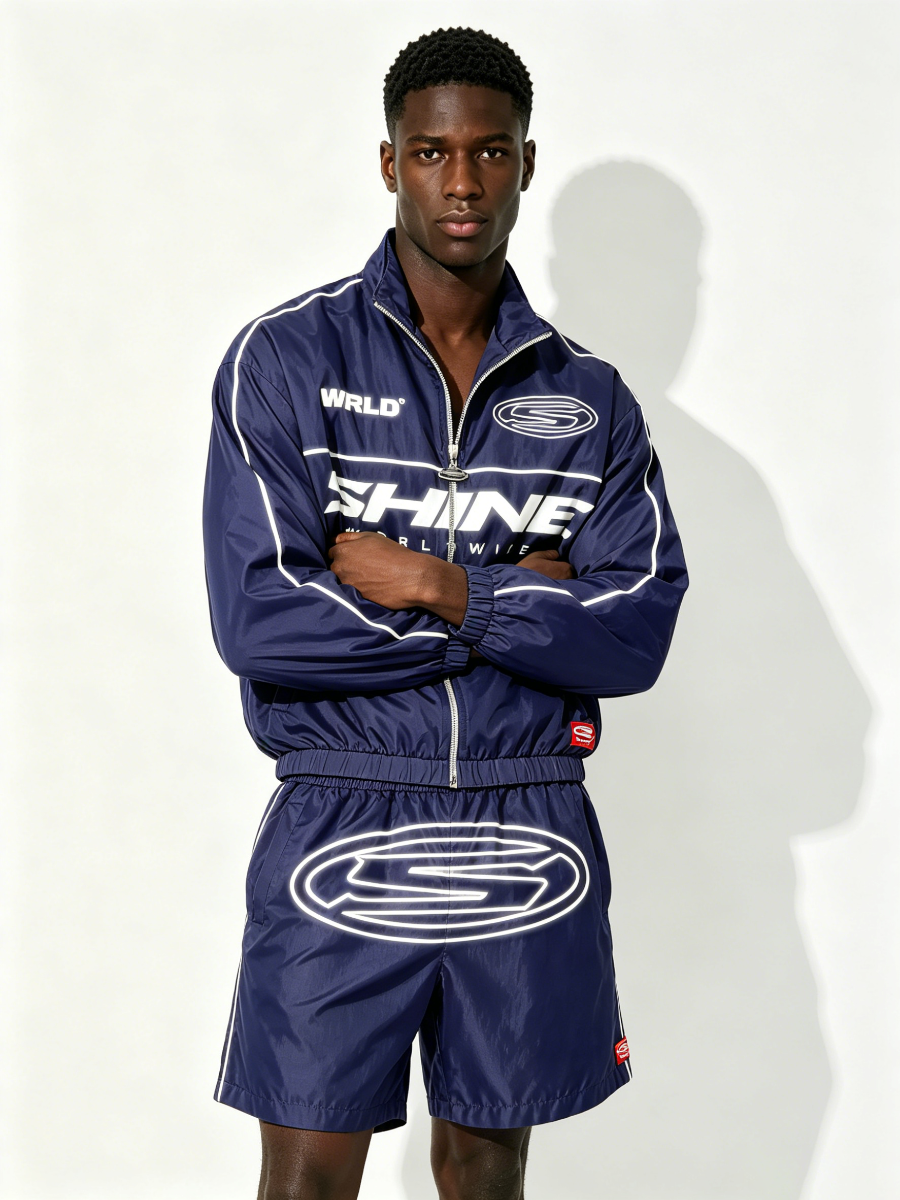 Custom Navy "SHINE WORLDWIDE" Windbreaker Tracksuit Set - LW&SUNKUN Men's Y2K Streetwear Jacket & Shorts OEM/ODM Wholesale