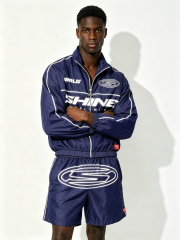 Custom Navy "SHINE WORLDWIDE" Windbreaker Tracksuit Set - LW&SUNKUN Men's Y2K Streetwear Jacket & Shorts OEM/ODM Wholesale