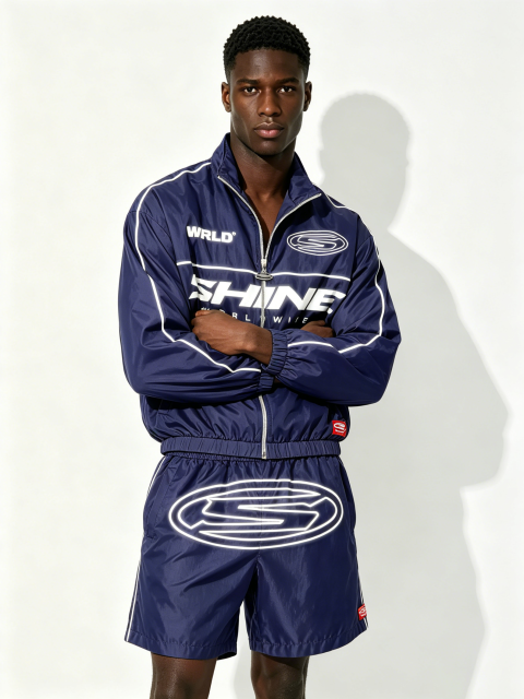 Custom Navy "SHINE WORLDWIDE" Windbreaker Tracksuit Set - LW&SUNKUN Men's Y2K Streetwear Jacket & Shorts OEM/ODM Wholesale