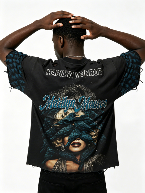 Custom Marilyn Monroe Bird Print Distressed Layered T-Shirt - LW&SUNKUN Men's Gothic Streetwear OEM/ODM Wholesale