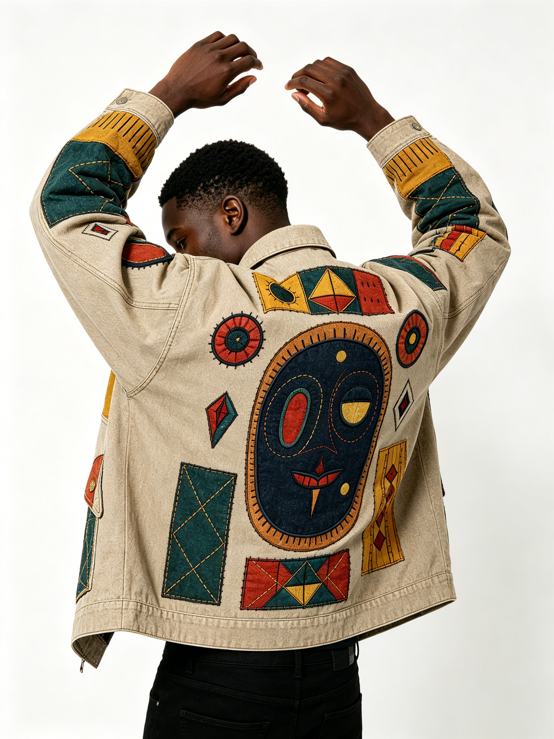 Custom Tribal Patchwork Embroidered Denim Jacket - LW&SUNKUN Men's Ethnic Art Streetwear Trucker Jacket OEM/ODM Wholesale