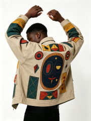 Custom Tribal Patchwork Embroidered Denim Jacket - LW&SUNKUN Men's Ethnic Art Streetwear Trucker Jacket OEM/ODM Wholesale
