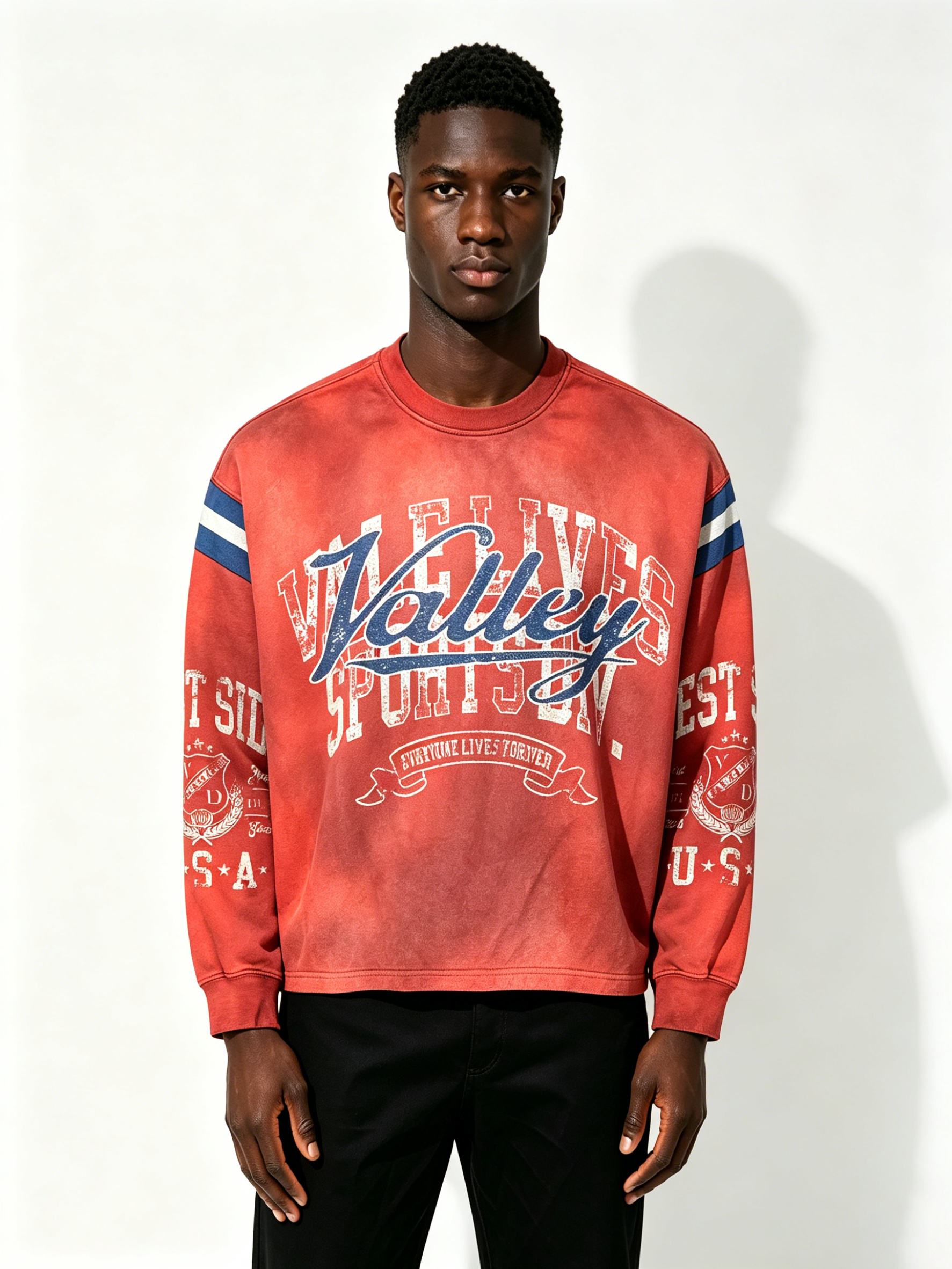 Custom Vintage Acid Wash Red Crewneck Sweatshirt Valley Retro Varsity Distressed Print Striped Sleeve Oversized Unisex Streetwear Pullover OEM ODM Private Label Custom Logo Wash Fabric